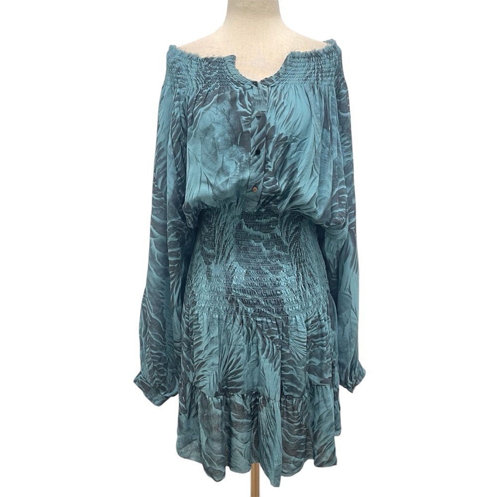 Matthew Williamson Smocked Off The Shoulder Long Sleeve Silk Teal Dress Size 6